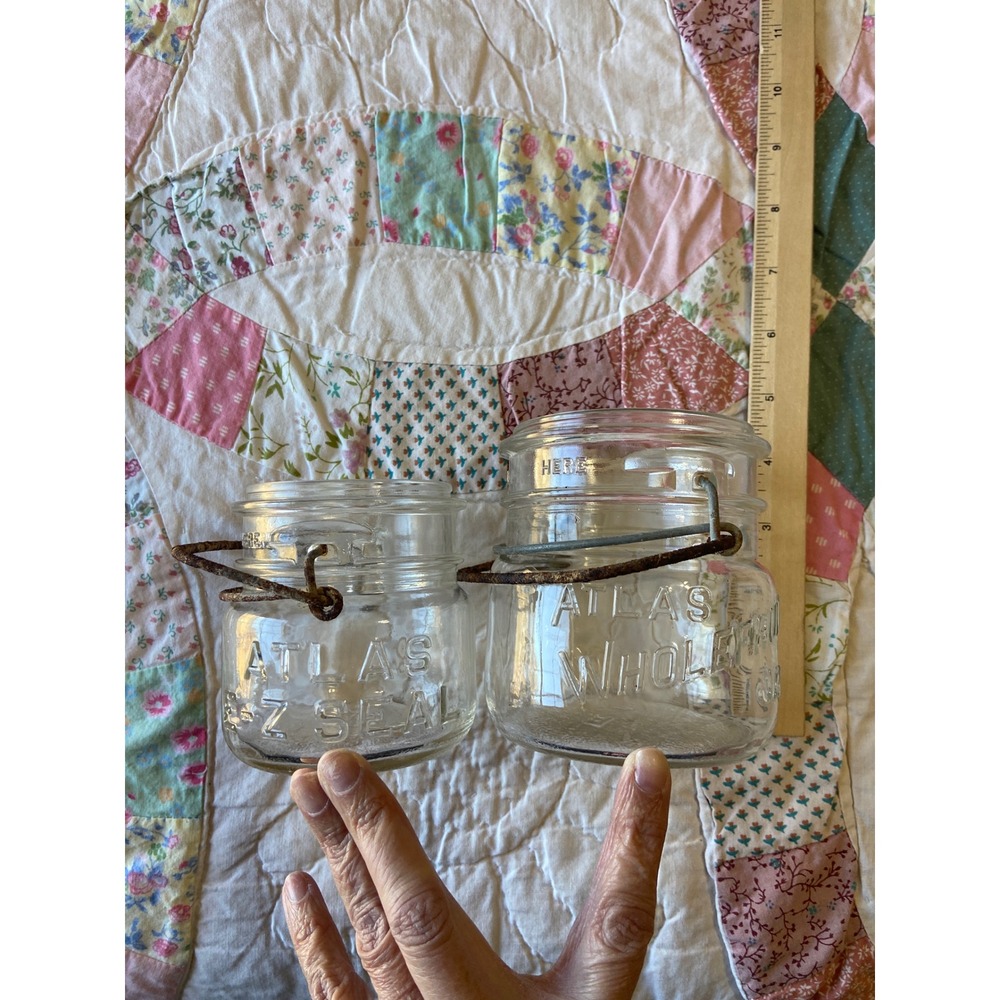 Vintage Atlas E-Z Seal Wholefruit Glass Display Jars Wire Bail Rustic Set of 2